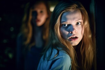 two young women looking at the camera in a dark room