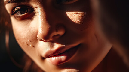 close-up portrait of a young girl in the rays of the setting sun with grains of sand stuck to her cheek