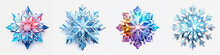 Set Of Colored Snowflake 3D Renders On White Background. Collection Of Snowflakes Isolated On White Background. Christmas And New Year Design Elements, Frozen Symbol. Snowflake Icons