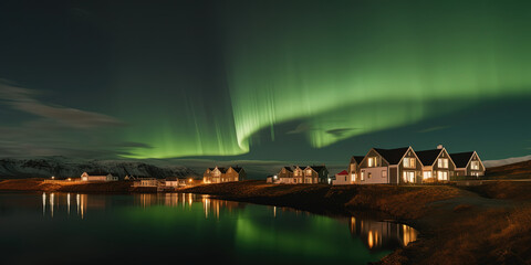 Norwegian houses on the background of the Northern lights.