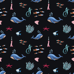 Underwater seamless pattern of blue whale, angelfish, neonfish, seaweed, starfish. Watercolor illustration isolated on black background. Print for background, menus, fabric, textile, wrapping.