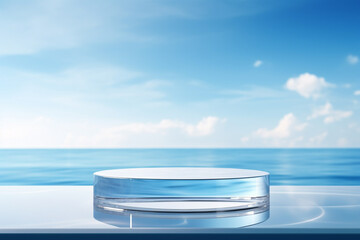 Transparent glass podium on crystal water surface in blue with white clouds sky background. Show case for cosmetic products, new product, promotion sale and presentation. Generative AI