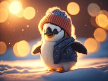 A Cute Little Baby Penguin In Warm Winter Clothes. Ai Generative