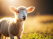Portrait Of A Cute Lamb On Farm Bright Image. Ai Generative