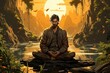 The illustration depicts a serene man sitting in meditation, exuding peace and tranquility, while embracing a mindful and calming moment. Generative Ai.