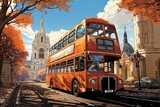 Fototapeta Londyn - The illustration showcases a double-decker bus against a city backdrop, embodying urban life and transportation in a vibrant metropolis. Generative Ai.

