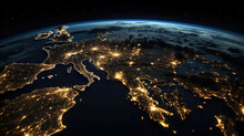 Planet Earth Viewed From Space With City Lights In Europe. Planet Earth Background