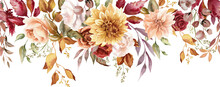 Autumn Floral Seamless Border Frame PNG. Fall Leaves And Flowers Garland On A Transparent Background