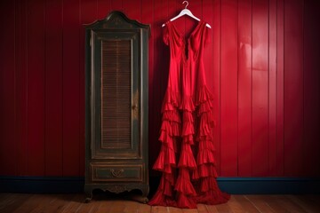 Wall Mural - red flamenco dress hanging on a vintage wardrobe