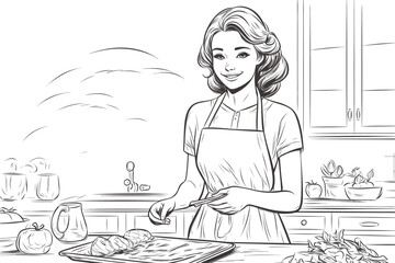 Hand drawn young woman cooking in the kitchen. Cartoon smiling character with apron. Doodle sketch style illustration. Concept of homemade food, prepare dinner on white backgorund