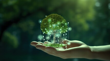 Wall Mural - Symbolic green tree in a human hand on blurred background. Respect for nature, sustainable energy, care for the environment, ecological development. Earth Day concept. 3D rendering.