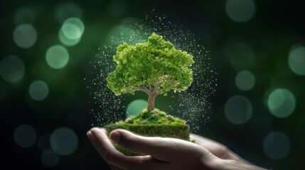 Wall Mural - symbolic green tree in human hands on blurred background. respect for nature, sustainable energy, ca