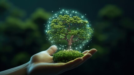 Wall Mural - Symbolic green tree in a human hand on blurred background. Respect for nature, sustainable energy, care for the environment, ecological development. Earth Day concept. 3D rendering.