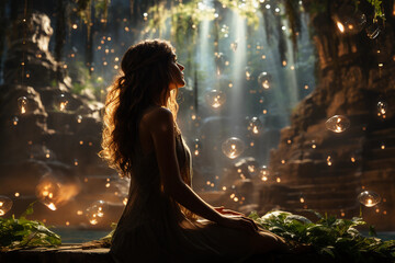 An ethereal forest scene with crystals, a woman meditating, connecting with the universe