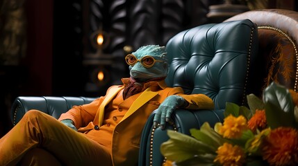 Wall Mural - a humanoid lizard wearing a bright orange suit, sitting on an black sofa  like a director 