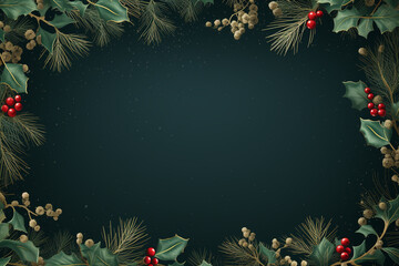 dark green christmas background with mistletoes frame, copy space
