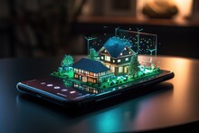 The Screen Of A Smartphone Displays A Miniature Model Of A Small House With Icons Representing Various Electronic Devices Connected Wirelessly. This Represents The Use Of Smart Home Control And