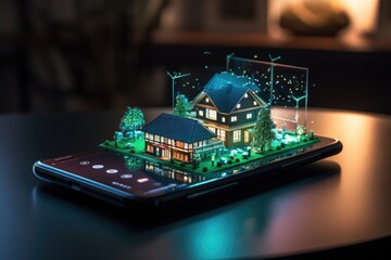 Poster - the screen of a smartphone displays a miniature model of a small house with icons representing vario