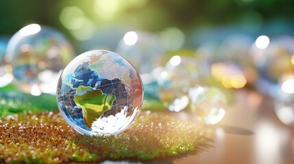 Wall Mural - transparent crystal sphere filled with sunlight on green grass. glass globe with outlines of contine