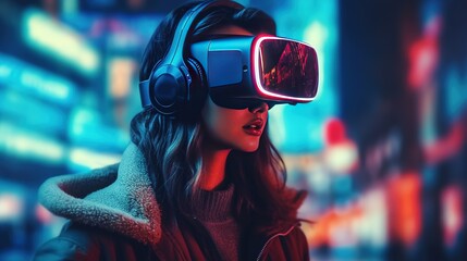 Generative AI, beautiful woman in VR glasses in neon space street, virtual reality headset  in cyberspace