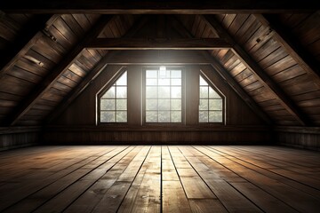 The wooden floor of the old attic, adorned with roof rafters and a window, in the forefront with a shallow focus.