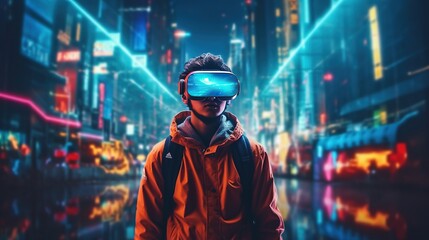 Generative AI, beautiful woman in VR glasses in neon space street, virtual reality headset  in cyberspace