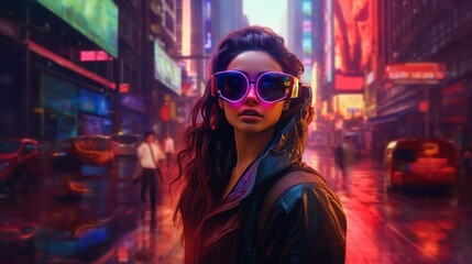 Generative AI, beautiful woman in VR glasses in neon space street, virtual reality headset in cyberspace