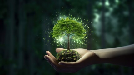 Wall Mural - symbolic green tree in a human hand on blurred background. respect for nature, sustainable energy, c