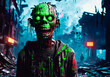 Zombie man in the city at night. Halloween. Horror. Generative AI.