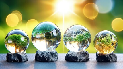 Wall Mural - transparent crystal spheres filled with sunlight on on stone pedestals. green trees and landscapes a