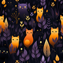 Pattern. Cat And Plant Motifs In Purple And Orange On A Black Background. Decorative Wallpaper.