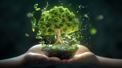 Wall Mural - symbolic green tree in human hands on blurred background. respect for nature, sustainable energy, ca