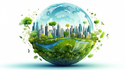 Wall Mural - symbolic image of the globe with elements of human activity and nature. environment, save clean plan