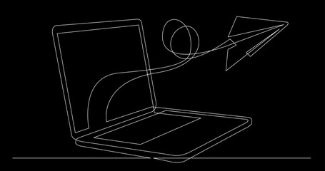 Poster - continuous line drawing vector illustration with fully editable stroke of laptop computer with busin