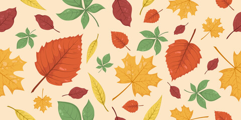Wall Mural - Seamless pattern with autumn fall leaves in Beige, Red, Brown, green and Yellow. Perfect for wallpaper, wrapping paper, web sites, background, social media, blog and greeting cards.