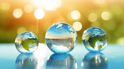 Wall Mural - transparent crystal spheres filled with sunlight on water surface. glass globes with outlines of con