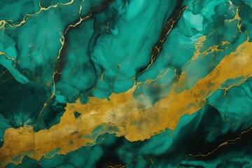 Poster - Generative AI : luxury wallpaper. Green marble and gold abstract background texture. Dark green emerald marbling with natural luxury style swirls of marble and gold powder.