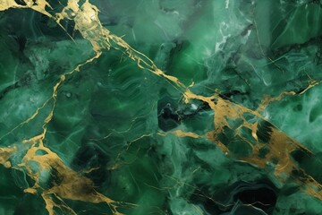 Poster - Generative AI : luxury wallpaper. Green marble and gold abstract background texture. Dark green emerald marbling with natural luxury style swirls of marble and gold powder.