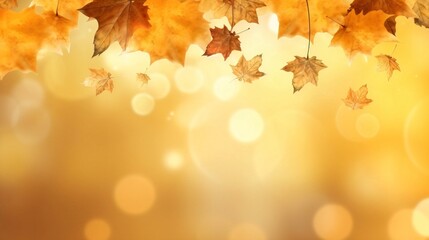 Poster - Generative AI : Autumn background of maple transparent leaves of golden and green color of gentle tones Set of many golden glowing maple leaves autumn pattern for text