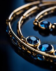 Aufkleber - Generative AI : Beautiful elegant luxury composition of gold jewelry with chain and pendant and earrings with diamonds sapphires and pearls on dark background closeup macro