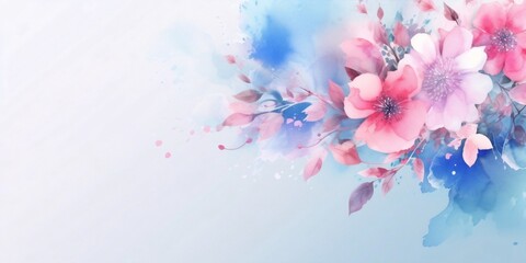 Generative AI : Beautiful abstract handdrawn watercolor flowers closeup on a gentle pink and light blue background Refined delicate elegant artistic image of nature in spring with free space for text