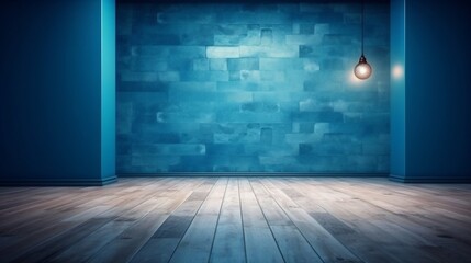 Fototapete - Generative AI : Beautiful versatile backdrop for design and product presentation with blue wall light reflections and wooden floor