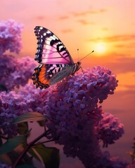 Poster - Generative AI : Beautiful atmospheric depiction of hydrangea flowers and yellow butterfly sitting on pink flower and illuminated by soft rays of sun in nature