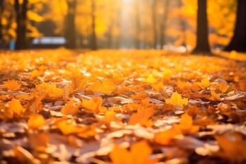 Poster - Generative AI : Beautiful autumn background landscape Carpet of fallen orange autumn leaves in park and blue umbrella Leaves fly in wind in sunlight Concept of Golden autumn