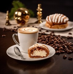 Poster - Generative AI : A cup of hot coffee with foam and chocolate sweets on the table Beautiful composition concept for a coffee house