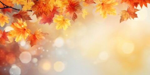 Poster - Generative AI : Autumn floral panoramic background Colorful yellow and red maple foliage on a sunny day Autumnal Park Autumn branches trees and leaves in nature free copy space