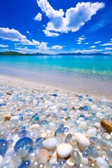 Poster - Generative AI : Beautiful seascape with blue sky and white clouds over transparent clear turquoise ocean water and picturesque stones in foreground