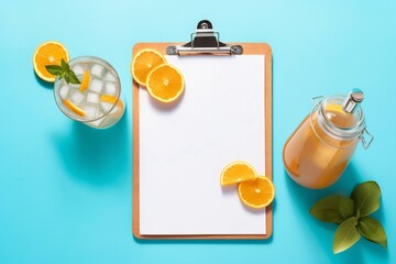 Aufkleber - Generative AI : Cup of tea with a slice of lemon on a blue wooden table with pieces sugar and green blank label Background template border for design