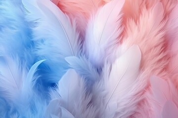 Poster - Generative AI : Airy soft fluffy feather closeup of macro of blue and pink pastel shades on white background with soft focus Abstract gentle natural background with feather