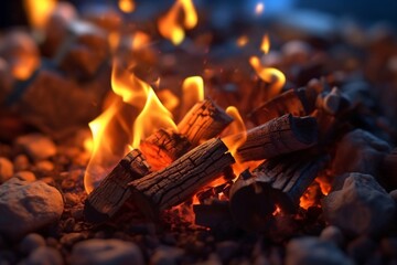 Leinwandbilder - Generative AI : Beautiful fire in the fireplace or campfire with hot coals closeup macro Languages spurts of blue flame on embers
